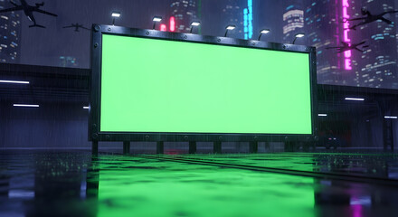 Futuristic city billboard with a large green screen, reflecting in a wet urban space.