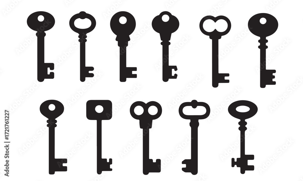 Poster silhouette collection of antique keys a variety of shapes styles and designs perfect for decorative 