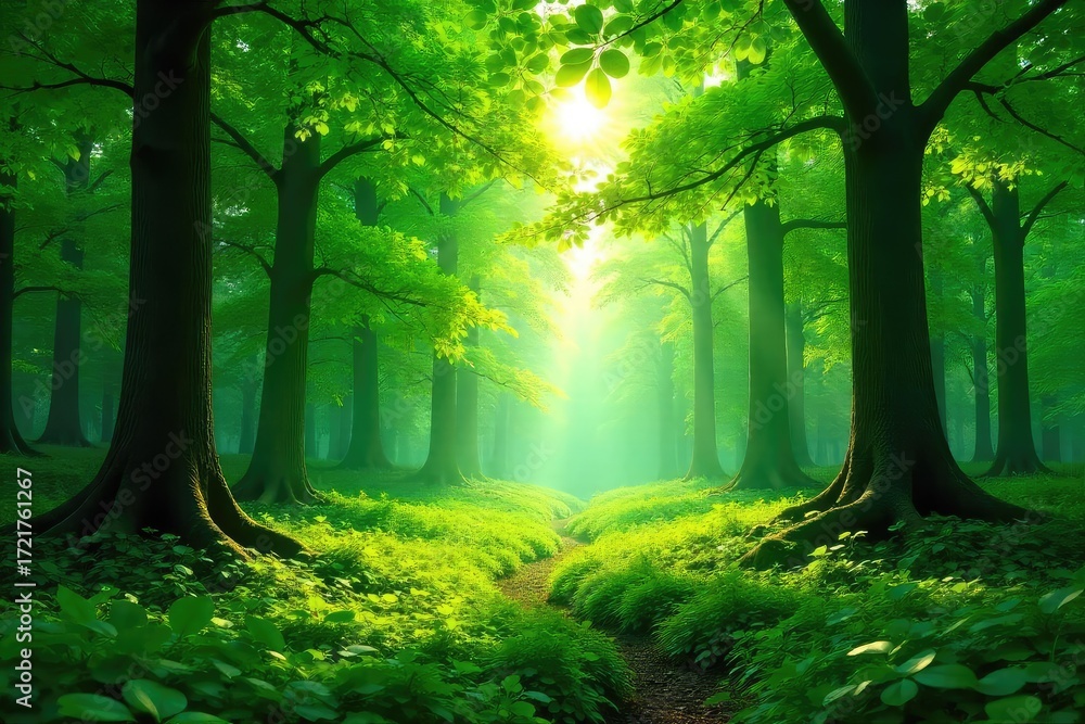 Canvas Prints lush green forest canopy, dappled sunlight filtering through leaves, creating a tranquil and serene 