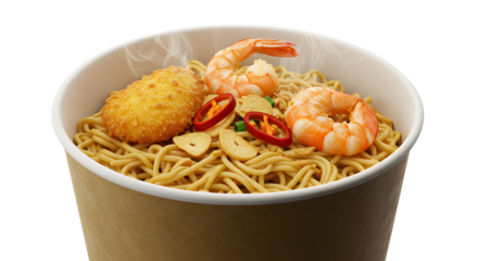 Instant noodle soup with shrimp, fish cake, and red chili peppers in a disposable bowl, perfect for quick meals and Asian cuisine lovers