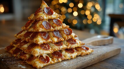 Fototapeta premium Pepperoni pizza christmas tree stack isolated on white background