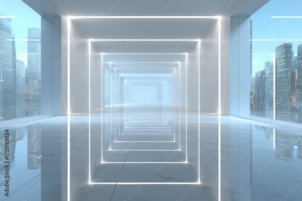 Poster Futuristic corridor with a city view and white neon lights, creating an illusion of depth and advanced architectural design, perfect for modern concepts.