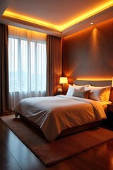 Luxurious hotel room illuminated by warm, ambient lighting creating a relaxing and inviting atmosphere Perfect for travel, hospitality, and interior design projects , hotel, contemporary