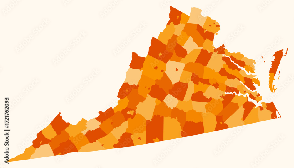 Poster map of virginia with counties. just a simple state border map with county division. orange color pal