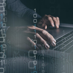 Man hands typing on keyboard. Futuristic tech graph on foreground. Business technology concept.