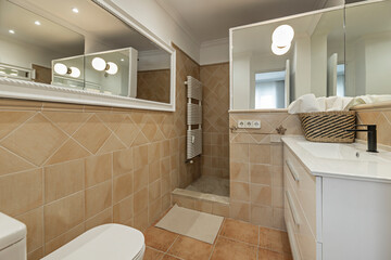 Modern bathroom design in neutral tones with a frameless shower enclosure, thermostatic mixer taps,...