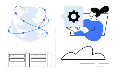Globe with digital connections, person holding cog puzzle piece, data servers, and cloud. Ideal for technology, innovation, networking, cloud computing, problem-solving global access data analysis