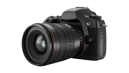Black camera isolates; Transparent background shows device, lens. Perfect for product mockup, branding, technology presentation, and photography assets.