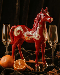 A stylish figurine of the Fire Horse, the symbol of 2026. Crafted from glossy red lacquer and inlaid with gold leaf, it sits elegantly amid champagne flutes, dried oranges, and cinnamon sticks on dark
