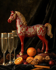 A stylish figurine of the Fire Horse, the symbol of 2026. Crafted from glossy red lacquer and inlaid with gold leaf, it sits elegantly amid champagne flutes, dried oranges, and cinnamon sticks on dark