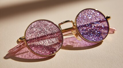 Glittery pink and purple round sunglasses on beige surface