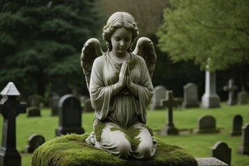 Obraz premium Engelstatue auf Grabstein in einem Friedhof, symbolisiert Trauer und Gedenken