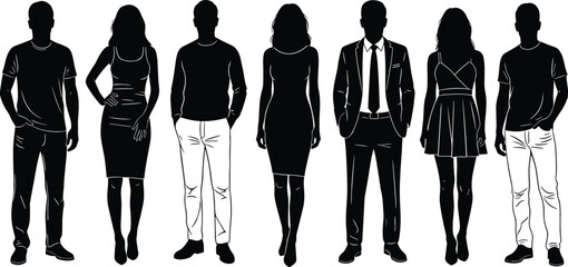 Silhouette people standing in row, male and female figures in various clothing styles for fashion, design, and character illustration projects