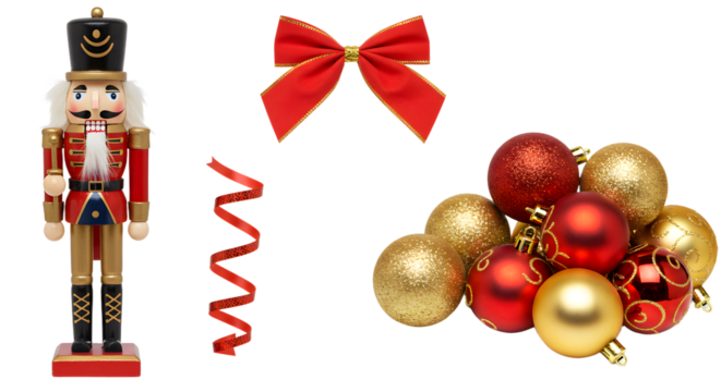 Traditional wooden nutcracker soldier with red bow, colorful Christmas ornaments, and red ribbon curl, perfect for holiday decoration and festive designs