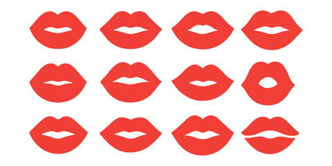 Icons of female lips. Girl mouth close up expressing different emotions symbol collection. Vector illustration