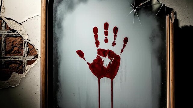 A bloody handprint on a cracked mirror in a derelict room. Slow zoom creating a suspenseful and scary atmosphere. Horror and crime scene concept.