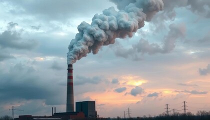 Immense industrial chimney belching thick, dark smoke into a cloudy sky,  plume,  pollution control