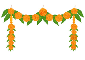 Marigold Garland with Mango Leaves Illustration, Marigold Flower Garland, Marigold toran, Indian festival garland hanging