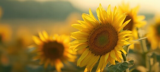 Obraz premium The Radiant Sunflower Blooming in a Warm Summer Field at Sunset