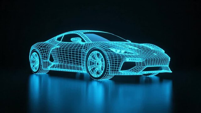 Futuristic Glowing Blue Wireframe Sports Car Slowly Rotating on a Reflective Black Background