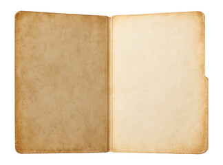 Old faded open empty paper folder, top view.