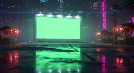 A large blank green screen billboard illuminates a wet street in a futuristic, neon-lit cyberpunk city at night.
