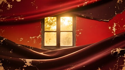 A window with red and dark curtains