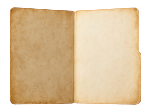 Old faded open empty paper folder, top view.