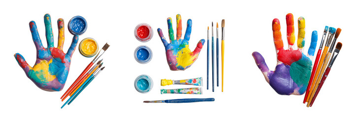 Set of Four fingers with paintbrush illustrations of quirky little faces on transparent png background. Ai generated