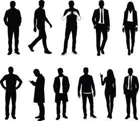 Silhouettes of diverse business people in professional attire, standing in various poses, corporate team concept, office workforce vector illustration