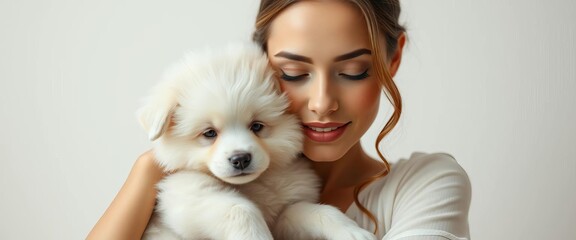 Elegant lady and fluffy white caniche puppy cuddling,  white,  canine