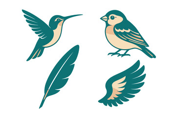 Colorful bird illustrations featuring a hummingbird and a small songbird with feathers and wings depicted artistically