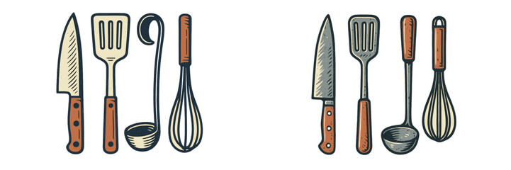Kitchen utensils collection featuring knives, spatulas, whisks, and ladles arranged for cooking preparation