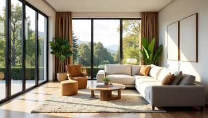 Fototapeta premium Sun-drenched living room with large windows, plush furniture, and stylish decor Perfect for home design, interior design, and real estate websites , furniture, style