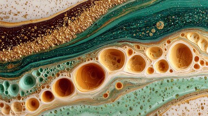 Obraz premium Amber and Moss Fluid Ink Marbling with Gold Glitter