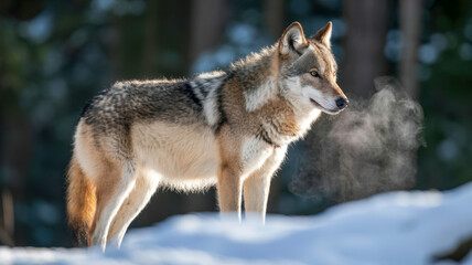 Fototapeta premium A majestic wolf stands in a snowy forest, its breath visible as steam in the cold air.