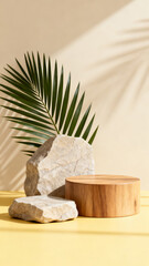 Palm leaf and marble table still life