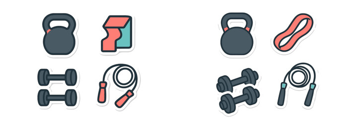 Workout equipment including kettlebells, dumbbells, and jump ropes for fitness activities at home or gym