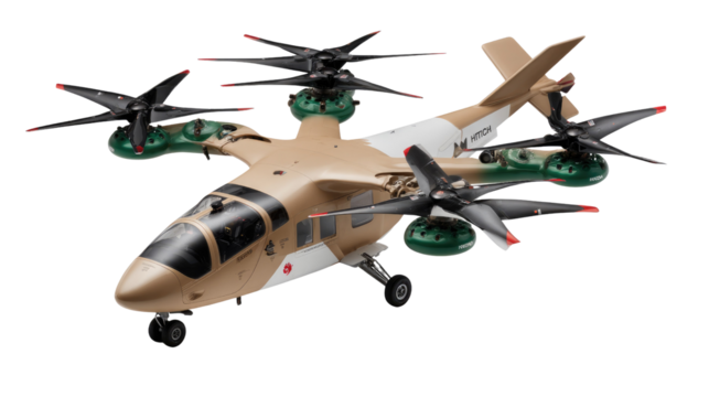 Cutting-Edge Aviation: A detailed depiction of a next-generation tilt-rotor aircraft, showcasing its advanced design and sophisticated technology in a studio-lit environment.