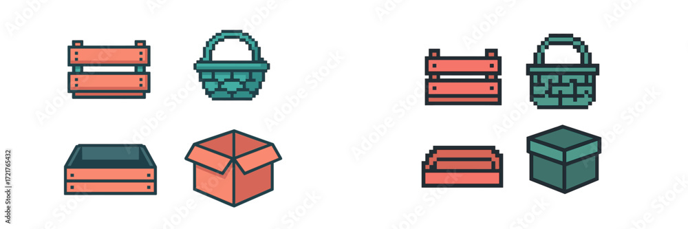 Poster different styles of storage containers and baskets designed in pixel art, perfect for game design or