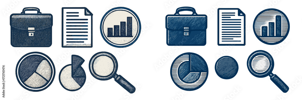Poster icons representing business analytics, reports, and tools for data interpretation in a clean and mod