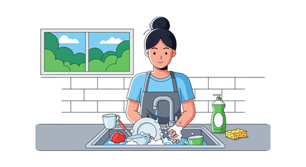 A person diligently washing dishes in a kitchen sink, with a window showing trees and sky in the background