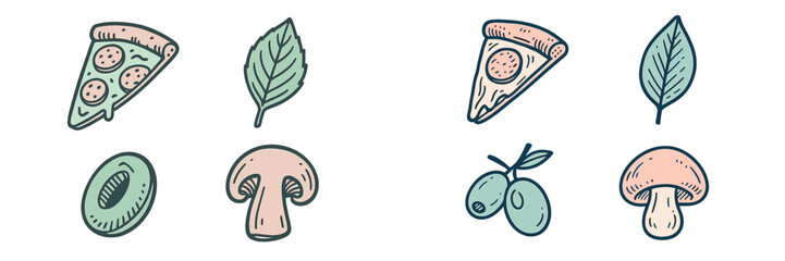Various hand-drawn food elements including pizza, leaves, olives, and mushrooms on a simple background