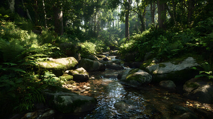 Fototapeta premium Tranquil Symphony of Natur: The Serene and Soothing ounds of Babbling Forest Sreams Amidst Lush Greenery Offering a Retreat into Nture's Bliss