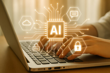 Close-up of a person's hands typing on a laptop with a glowing AI chip graphic overlayed, symbolizing artificial intelligence and technology.