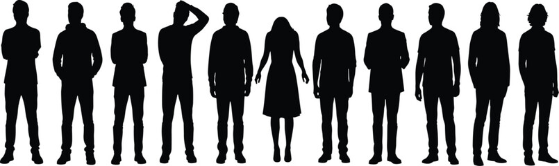 Silhouettes of diverse people standing in row, various postures and clothing styles, minimalistic black figures on white background illustration