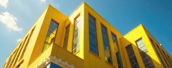 Vibrant yellow corporate building exterior, modern architecture, sleek design, sunny day Perfect for business, finance, success, and growth imagery , day, facade, future