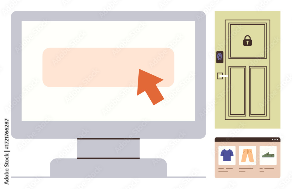 Poster desktop screen with cursor on button, secure smart lock on door, e-commerce product listing. ideal f