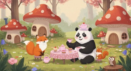 A whimsical forest scene depicts a panda, fox, squirrel, and owl enjoying tea at a whimsical tea party under mushroom-shaped homes.