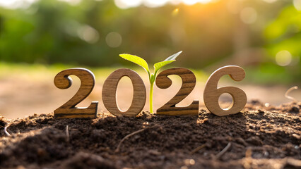 Wooden 2026 on green background